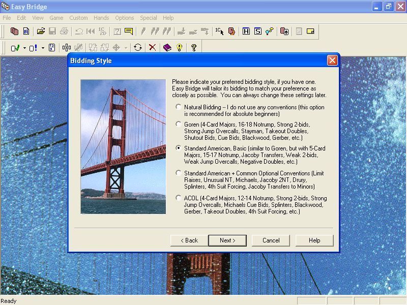 Easy Bridge (Windows) screenshot: The first time the game is played it takes the player through a configuration wizard. This screenshot shows the bidding systems Easy Bridge accommodates.