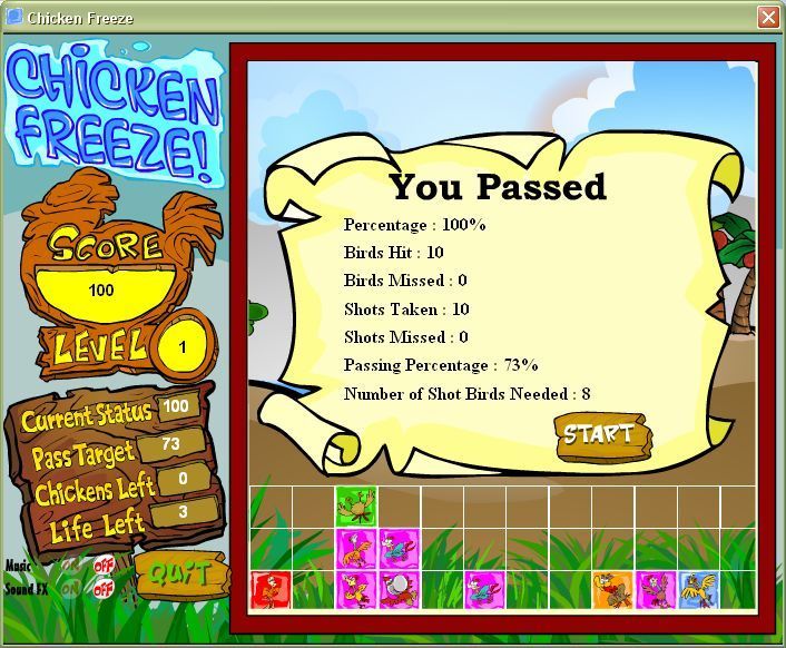 Chicken Freeze! (Windows) screenshot: At the end of each level the player's score is presented.