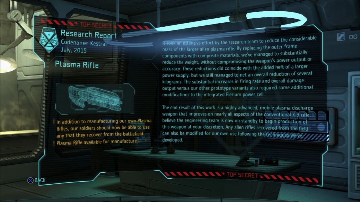 XCOM: Enemy Unknown (PlayStation 3) screenshot: Research report on plasma rifle.