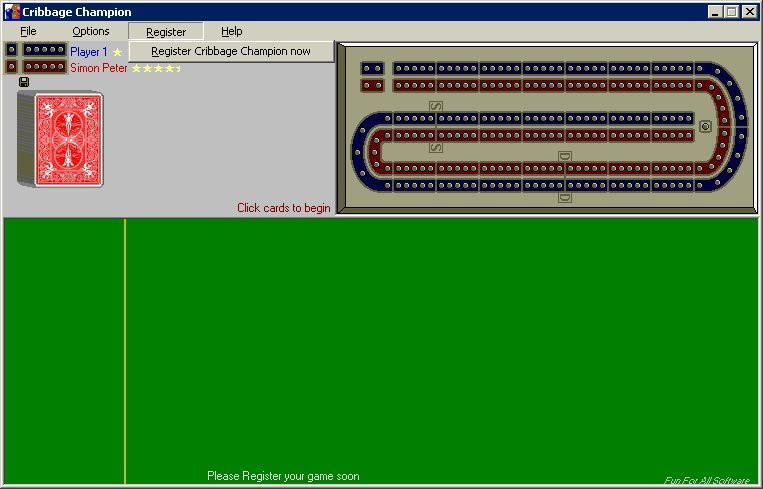 Cribbage Champion (Windows) screenshot: The game area before the start of a game showing the standard layout. Note the game window cannot be resized