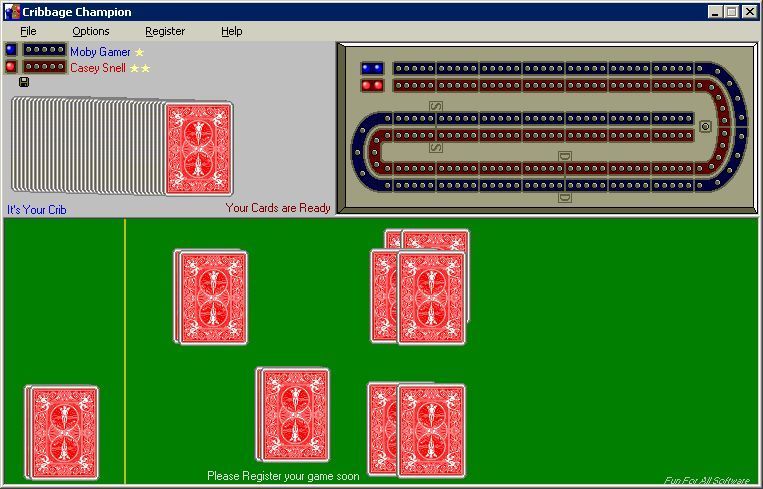 Cribbage Champion (Windows) screenshot: The cards have been dealt. Once clicked on the player's cards will be revealed