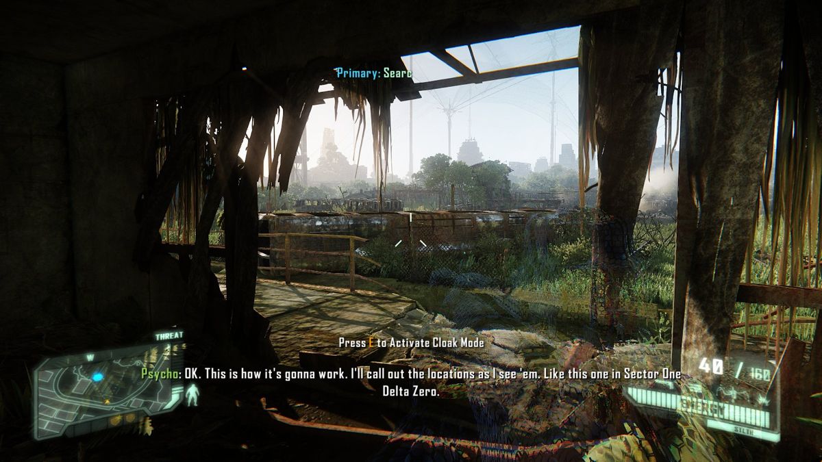 Crysis 3 (Windows) screenshot: Abandoned Train compartments.. camo activated, good ability but drains your energy