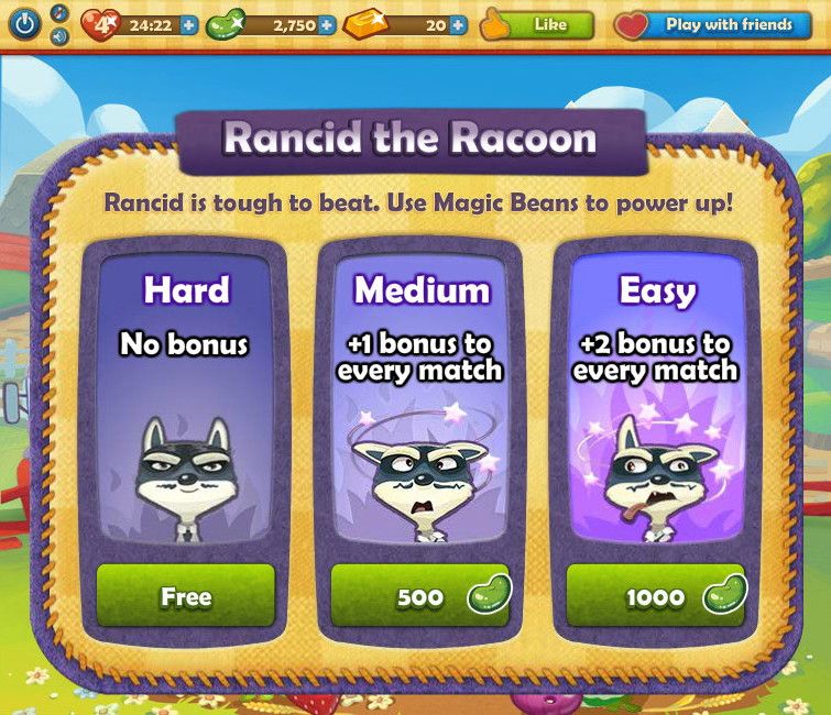 Farm Heroes Saga (Browser) screenshot: If you have the magic beans, you can use them to make the Rancid the Raccoon level easier.