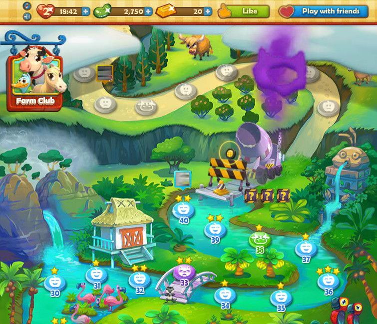 Farm Heroes Saga (Browser) screenshot: A roadblock. I need to use gold bars or get the help of three friends to clear it. Photos blurred for privacy.
