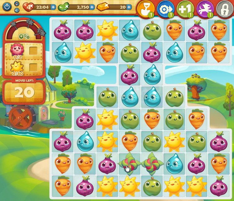 Farm Heroes Saga (Browser) screenshot: Flowers start as buds (center of second-to-bottom row).