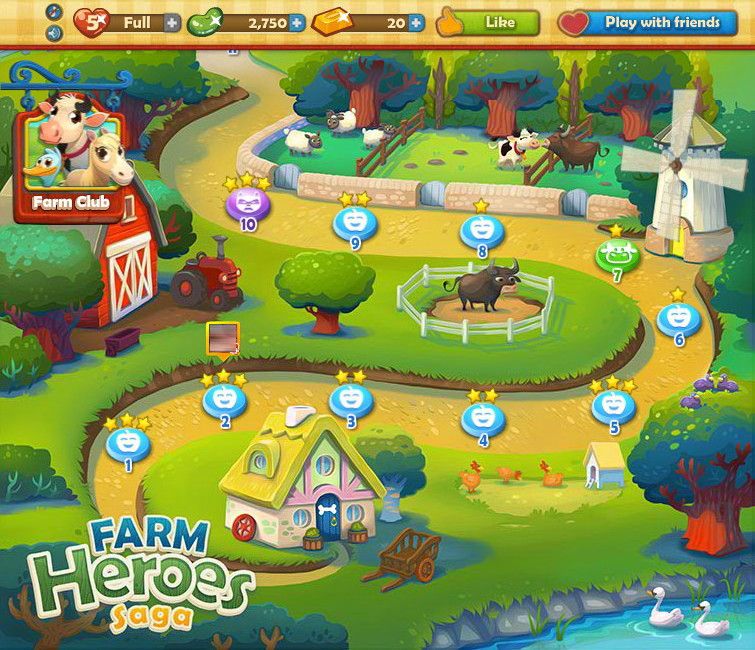 Farm Heroes Saga (Browser) screenshot: The game map. I have already played through parts of it. Photos blurred for privacy.