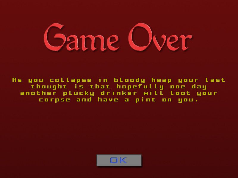 Dungeon Pub Crawl (Browser) screenshot: I died. Game over.