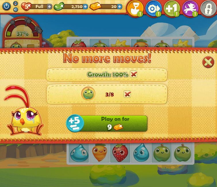 Farm Heroes Saga (Browser) screenshot: I ran out of moves.