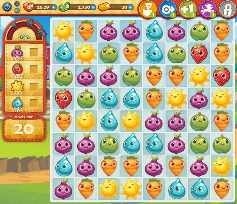 Farm Heroes Saga (Browser) screenshot: The collection level, where you have to collect numbers of four cropsies.