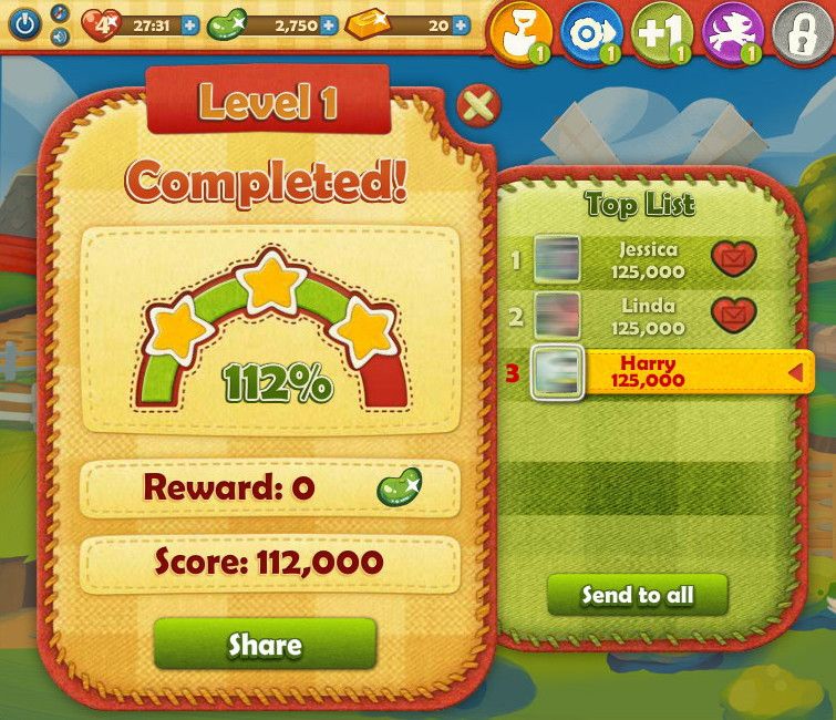 Farm Heroes Saga (Browser) screenshot: A cleared level screen. Photos blurred for privacy.