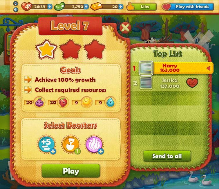Farm Heroes Saga (Browser) screenshot: The goals of the collection level. Photos blurred for privacy.