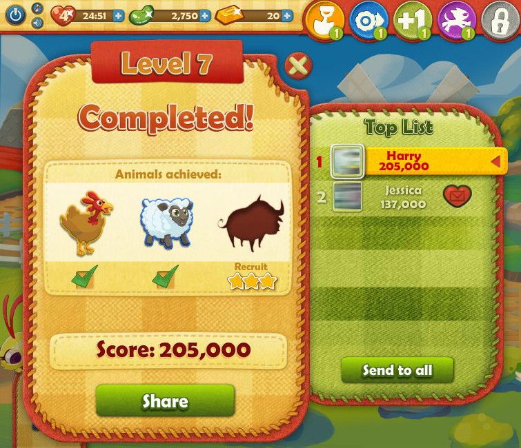 Farm Heroes Saga (Browser) screenshot: Level completed. I have collected a chicken and a sheep. Photos blurred for privacy.