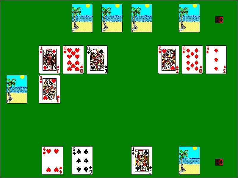 DeadEnd (Windows) screenshot: A little way into the game. Both players now have a small pile of captured cards and the stack in the centre has grown