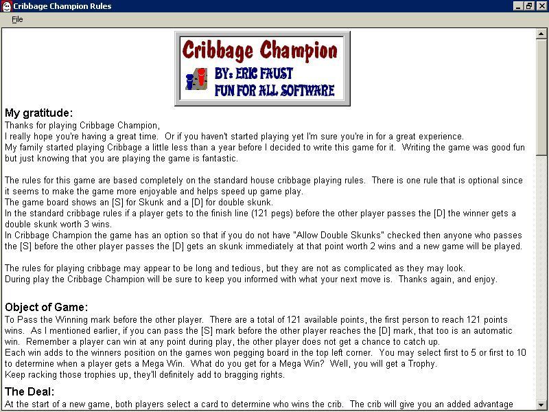Cribbage Champion (Windows) screenshot: The game rules open In a separate re-sizable window.