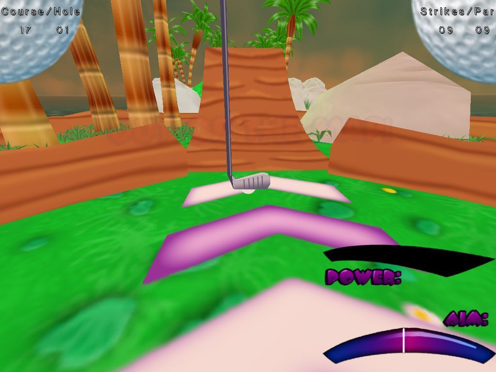 1001 Minigolf Challenge (Windows) screenshot: An example of the device that accelerates the ball up the ramp.