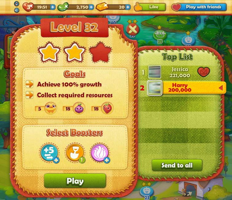 Farm Heroes Saga (Browser) screenshot: On this level, in addition to cropsies, I need to collect 5 chicks. Photos blurred for privacy.