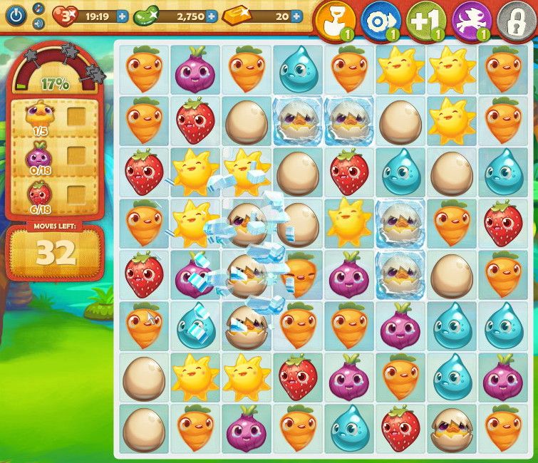 Farm Heroes Saga (Browser) screenshot: I matched the frozen cracked eggs. They unfroze and I have collected a chick.