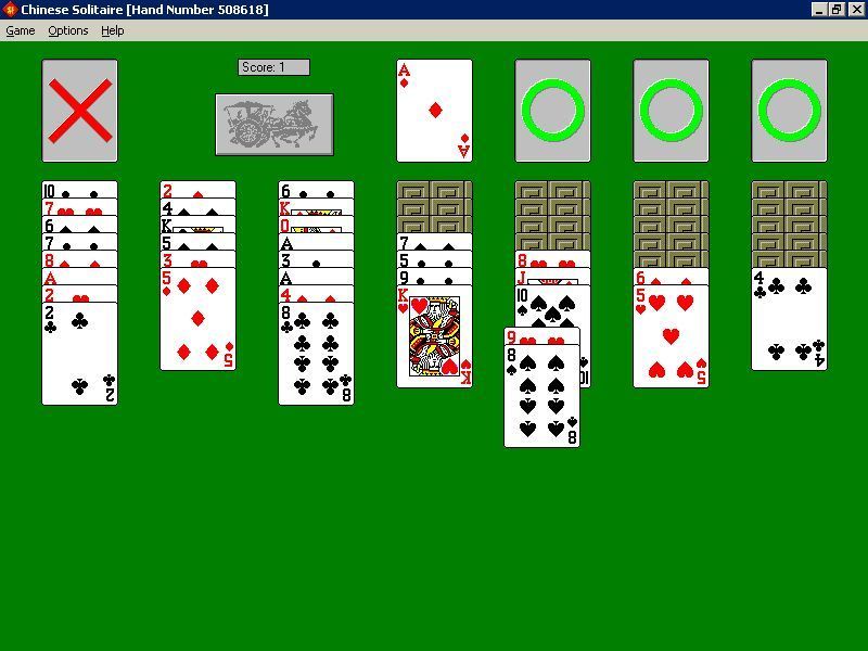 Chinese Solitaire (Windows 3.x) screenshot: The game is played with the mouse. Once a card has been clicked on it can be dragged and dropped into place