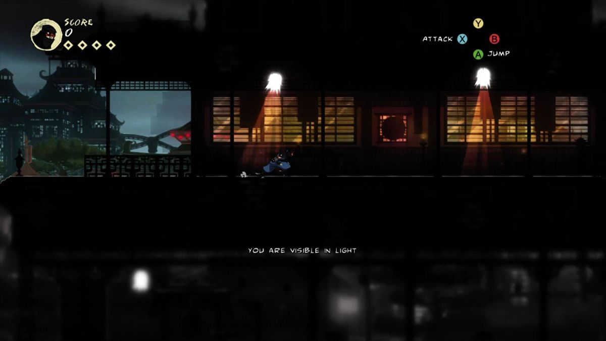 Mark of the Ninja (Xbox 360) screenshot: Avoid the light, you will be spotted by the enemy