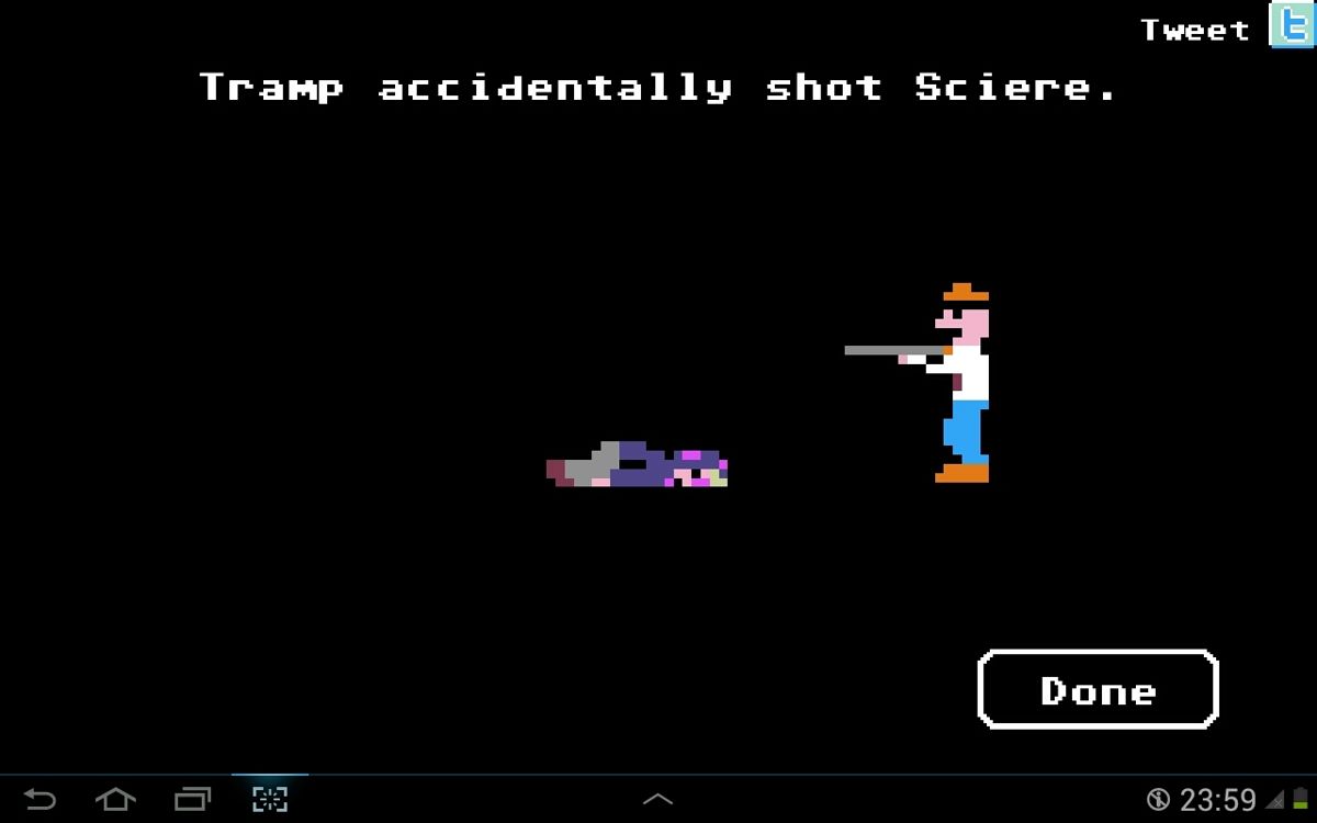 Organ Trail: Director's Cut (Android) screenshot: Occasionally a bandit can sneak in and grab a random party member. You only have 1 shot to free him. Sorry, dude...