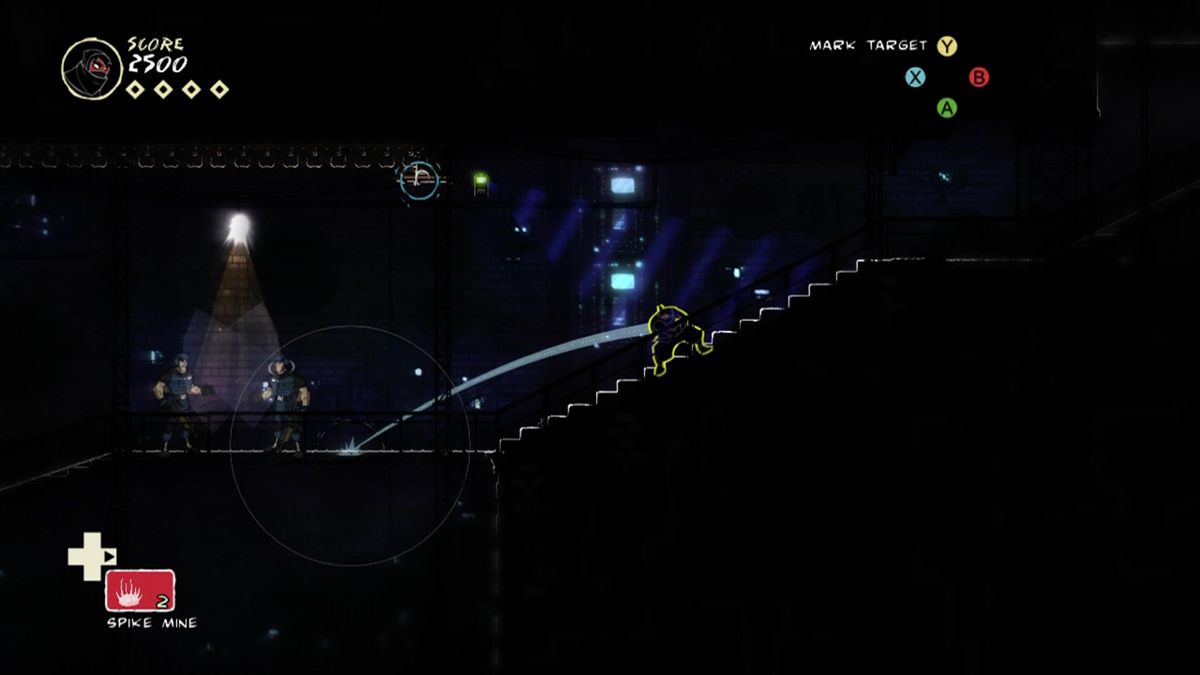 Mark of the Ninja (Xbox 360) screenshot: Throw a spike mine to kill the guards