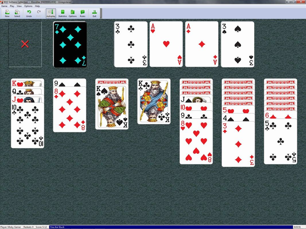 BVS Solitaire Collection (Windows) screenshot: The background and card back can be changed. Note the 'You Are Stuck' message displayed in the lower status bar. v7.4