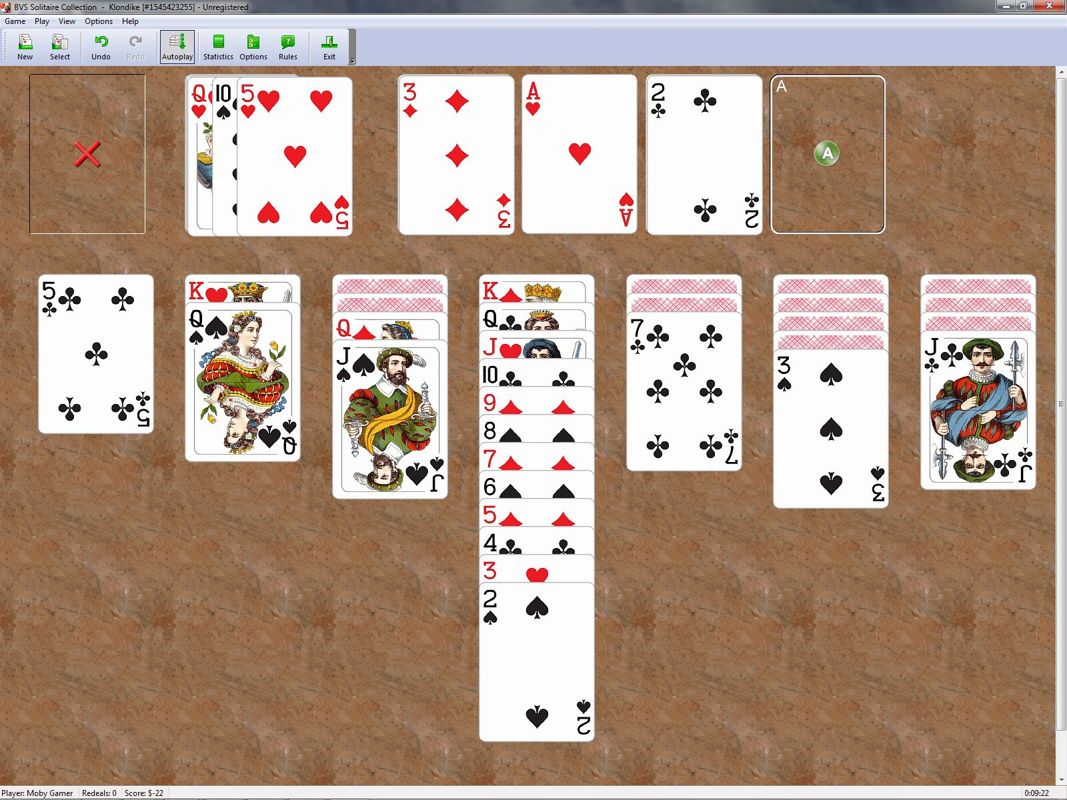 BVS Solitaire Collection (Windows) screenshot: A game in progress. There are game stats in the lower status bar and multiple options available via the game's menu bar. v 7.4