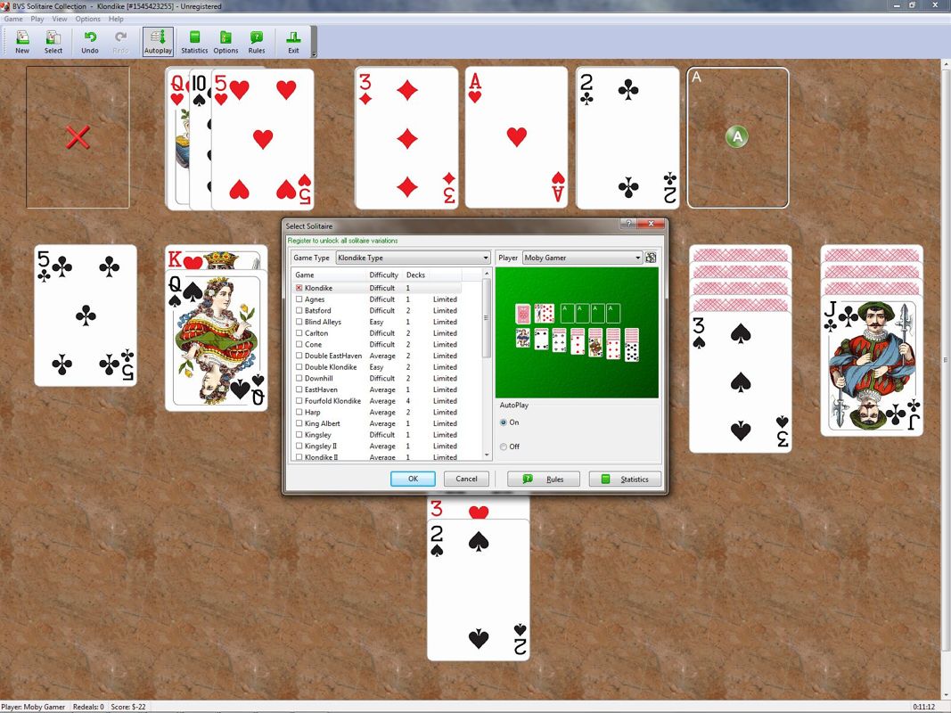 BVS Solitaire Collection (Windows) screenshot: This is the game selection screen where games are grouped by type v7.4