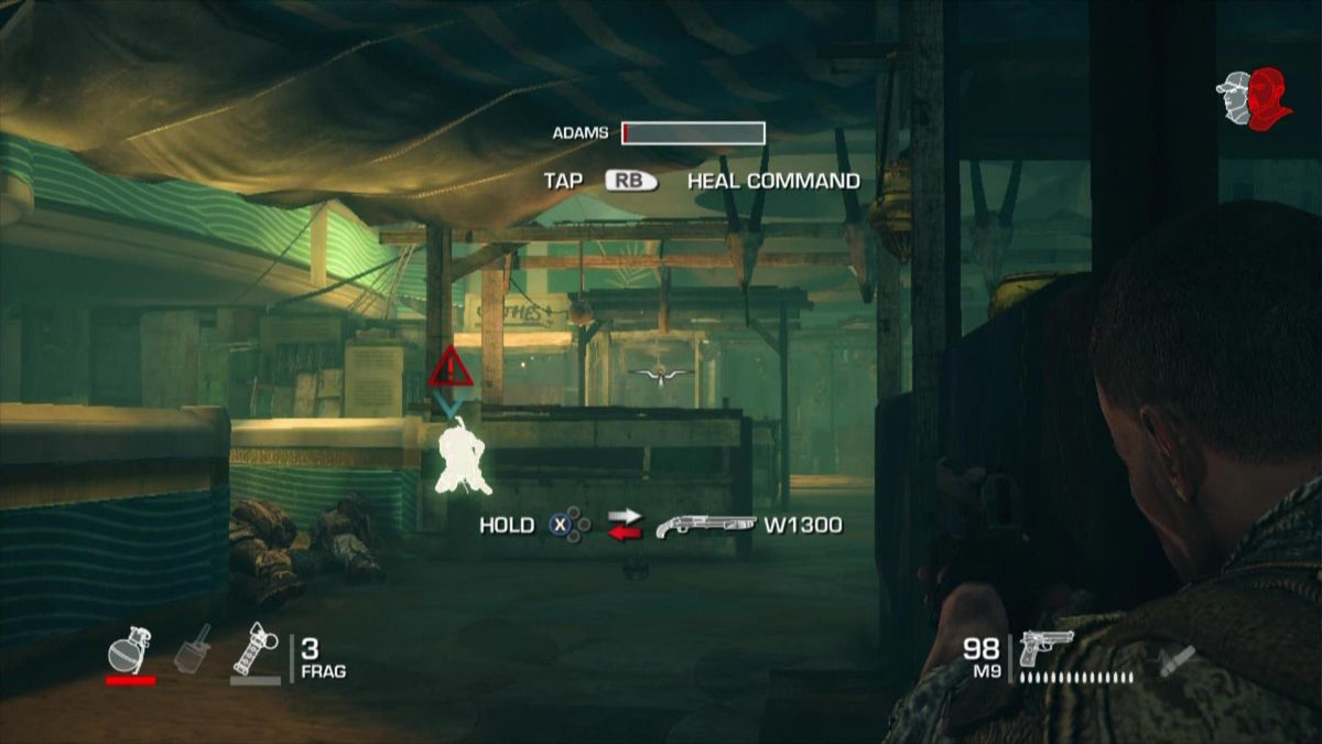 Spec Ops: The Line (Xbox 360) screenshot: One of your sidekicks is down. Revive him in time or the game is lost.