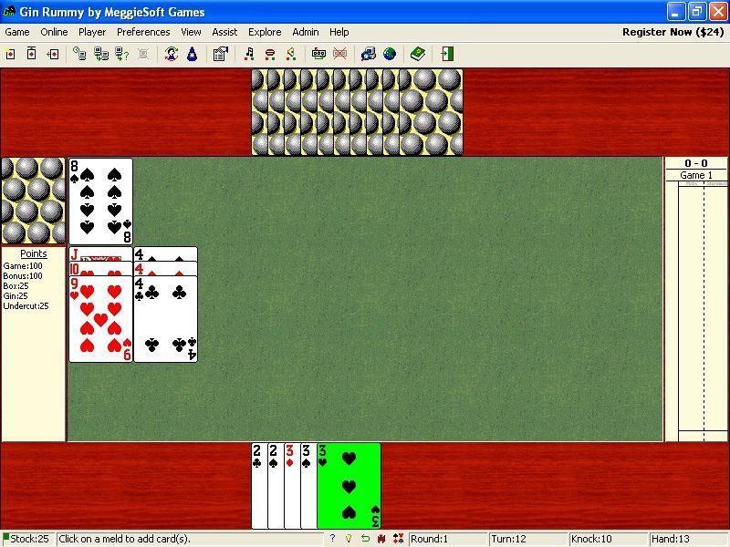 Gin Rummy (Windows) screenshot: here the player is selecting melds to place on the play area Version 2013 Build 130301