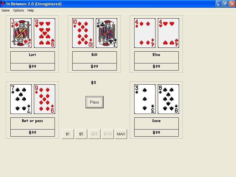 In Between 2 (Windows) screenshot: The first round has been dealt. All players have paid their $1 ante and the game has begun