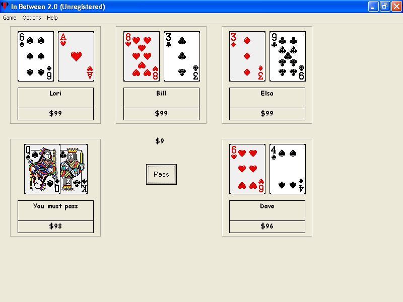 In Between 2 (Windows) screenshot: This illustrates a special case. Obviously when two adjacent cards are dealt the player can never get a third card that falls between them so they must pass
