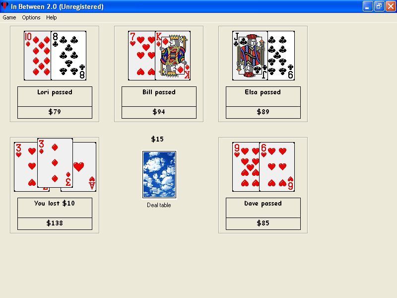 In Between 2 (Windows) screenshot: Another special case. The third card dealt is a three of diamonds. This is equal to the player's lowest card. In such a situation the player loses double their stake