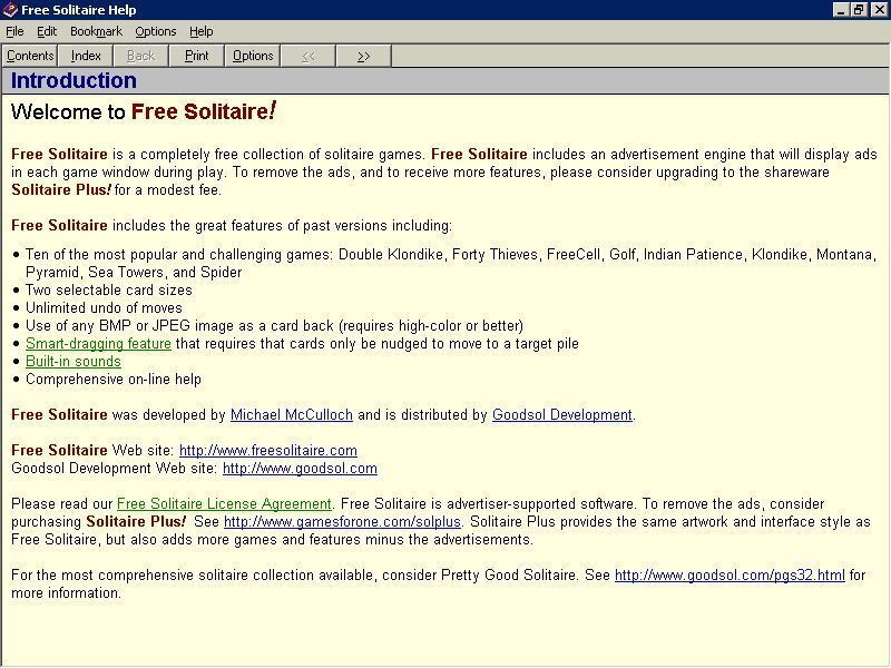 Free Solitaire (Windows) screenshot: The game's help files open in a separate window. There are separate, detailed files for each game