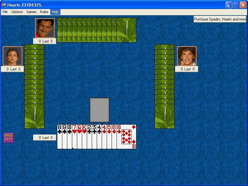 Funcrd Card Games (Windows) screenshot: The unregistered game is only valid for a twenty day evaluation period. It starts with shareware nag screen which leads Hearts which is the default game.