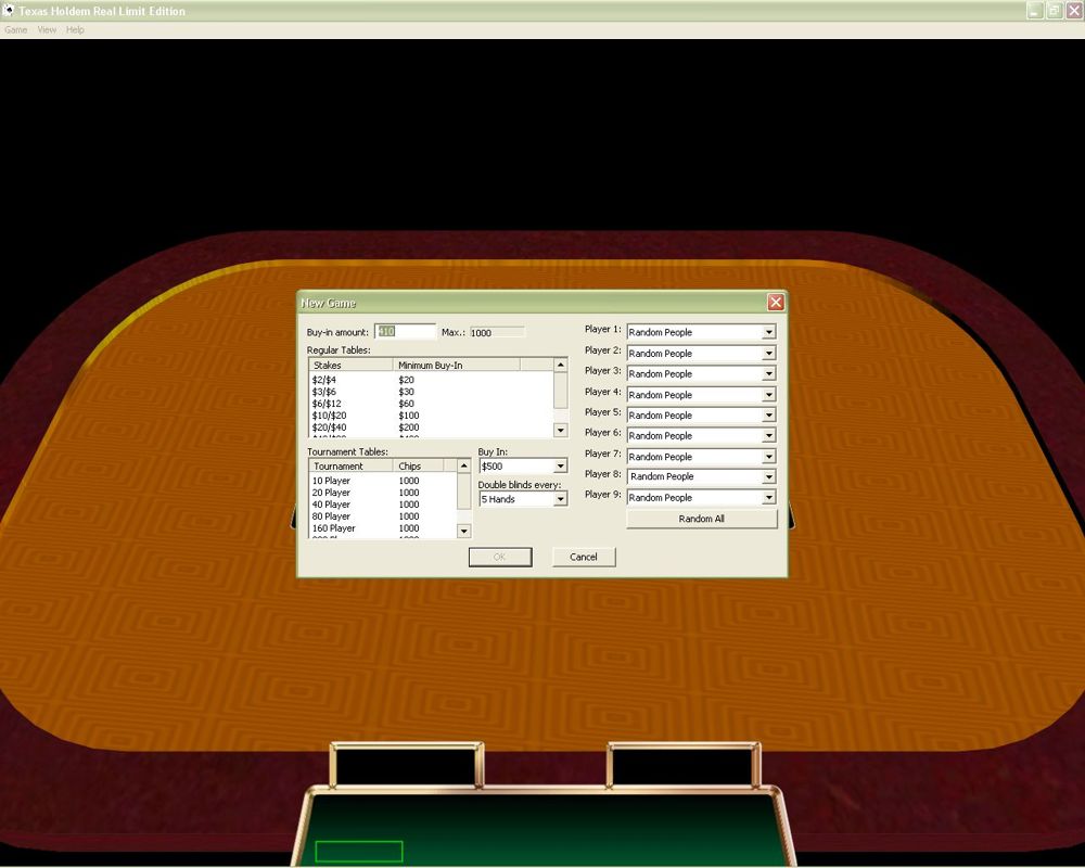 Texas Hold’em Real Limit Edition (Windows) screenshot: The game starts with this screen where the player decides the type of game, the stake, and where they can optionally select their computer opponents.