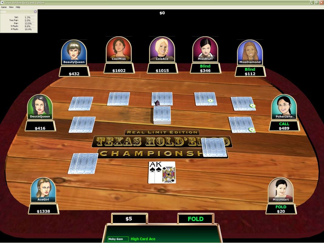 Texas Hold’em Real Limit Edition (Windows) screenshot: A game at a regular table in progress. This screenshot shows the chances of making a hand with the cards that hane been dealt. This is an optional feature