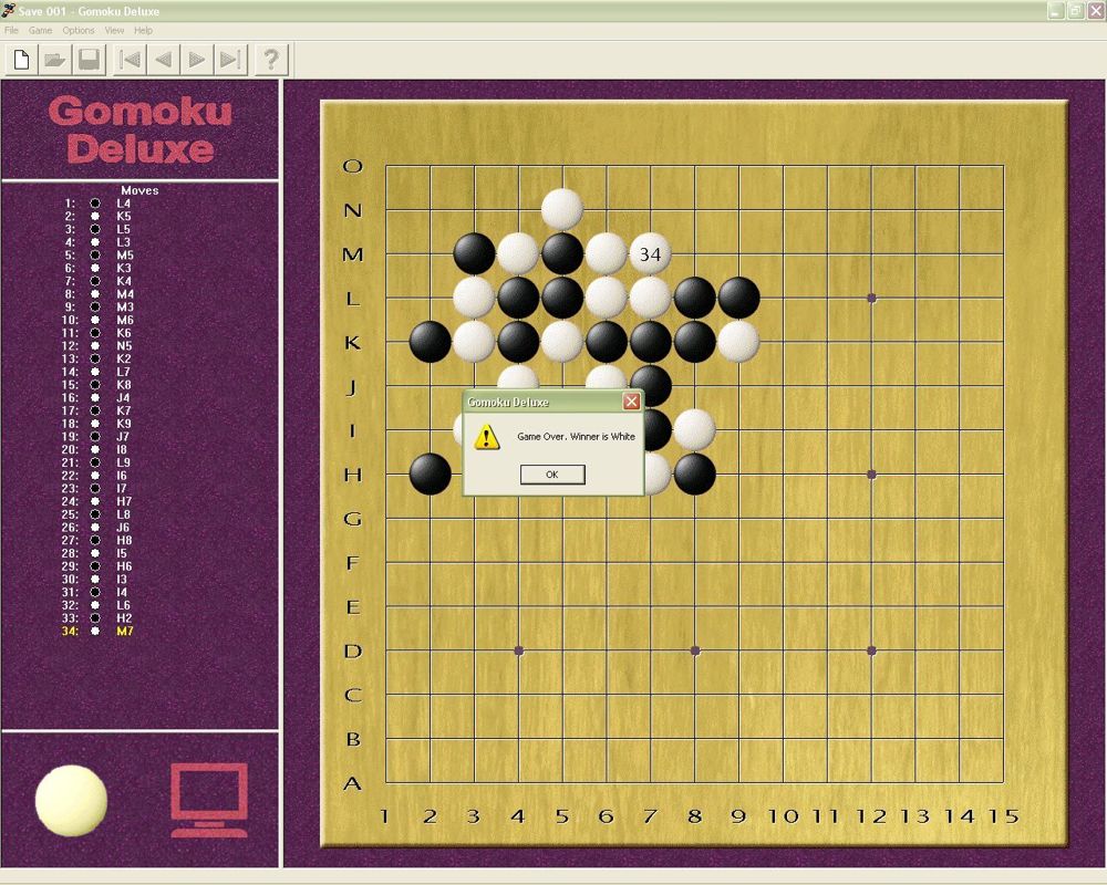Gomoku Deluxe (Windows) screenshot: Game over! The game does not keep a record of the player's percentage success / failure rate.