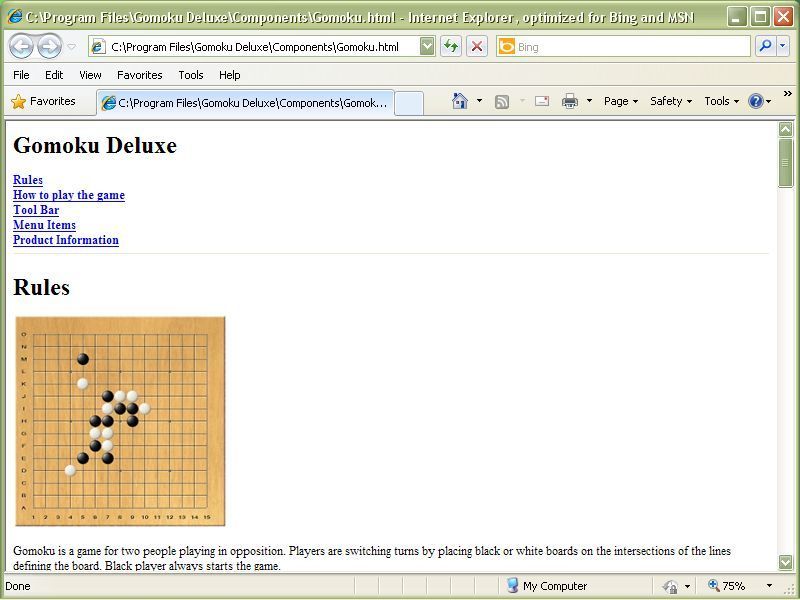 Gomoku Deluxe (Windows) screenshot: The game's help files are accessed via the menu bar. They open in a new browser window that obscures the game area