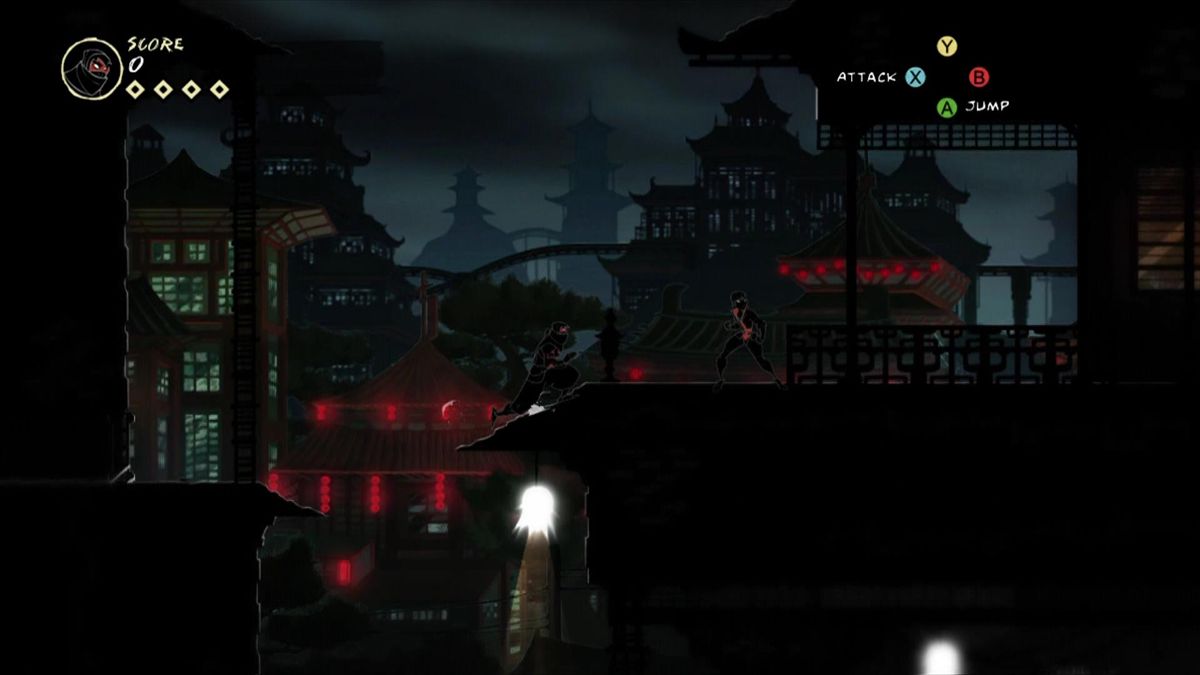 Mark of the Ninja (Xbox 360) screenshot: The game is most of the time very dark, but the darkness is your friend as a Ninja