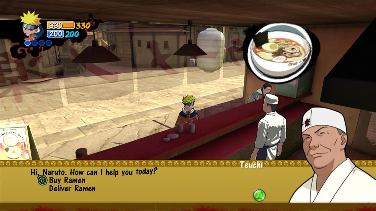 Naruto: Rise of a Ninja (Xbox 360) screenshot: The ramen shop provides food and delivery missions