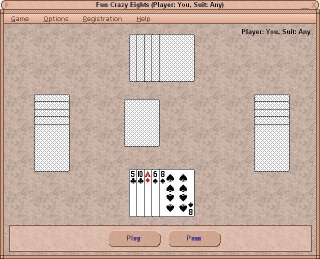 Fun Crazy Eights (Windows) screenshot: A game is about to begin. This is using the default configuration of five cards per player and the marble skin