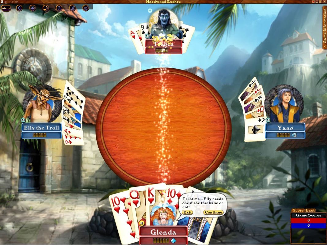 Hardwood Euchre (Windows) screenshot: An example of Fooming taken from the game's tutorial. Here Tragen, the player's partner, has been zapped with a load of cash. Version 2. Build 192