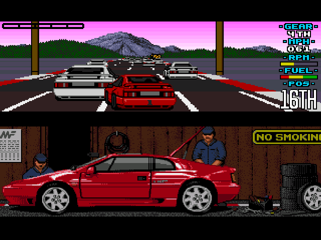 Lotus Esprit Turbo Challenge (Amiga) screenshot: England, trying to squeeze at the start will often result in a collision