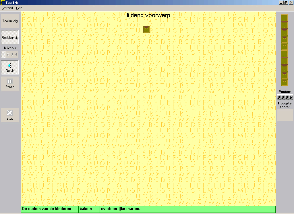 Taaltris (Windows) screenshot: The yellow background shows that you're working with the function of constituents: discover the object.