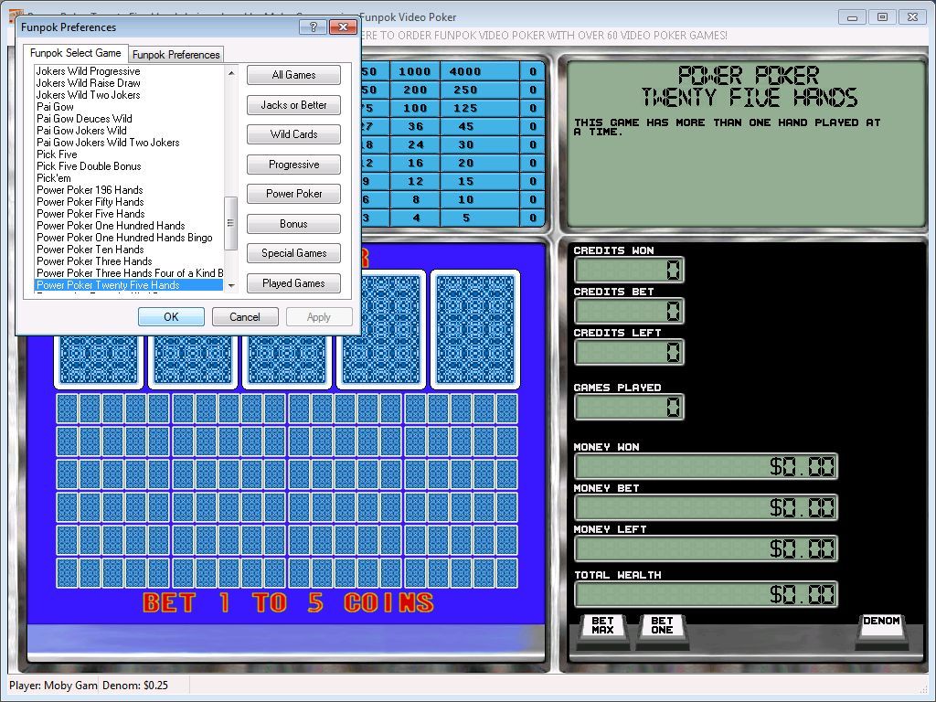 Funpok Video Poker (Windows) screenshot: There are many varieties of game to choose from. The player can select by type of game which was not as easy in version 7.0