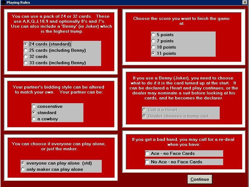 Euchre From Special K (Windows) screenshot: The game has many variations. This is one of the configuration screens that caters for them