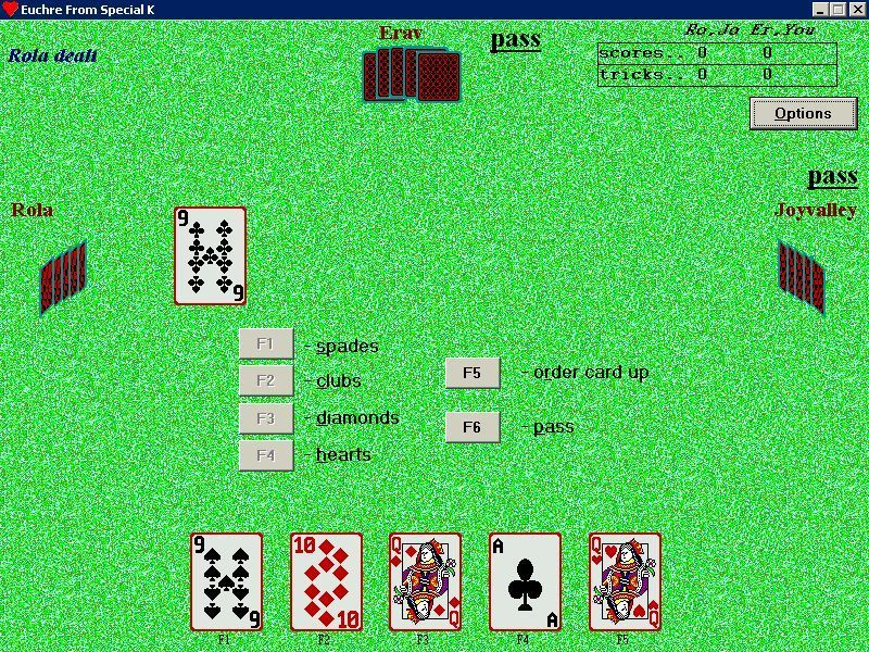 Euchre From Special K (Windows) screenshot: The game layout with a customised background. This is the bidding phase. Note that the function keys can be used to play cards as well as the mouse