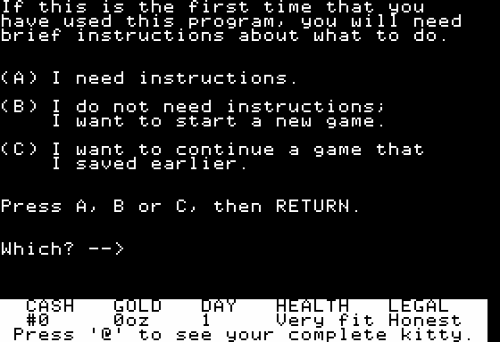 Goldfields (Apple II) screenshot: Main Menu