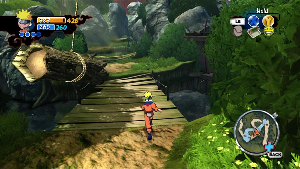 Naruto: Rise of a Ninja (Xbox 360) screenshot: Outside the village, make sure to avoid the swinging log